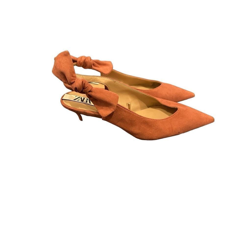ZARA Peach Pointed Toe Kitten Heels Bow Women 36